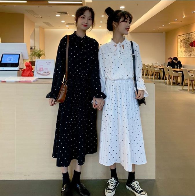 ワンピース 襟元可愛い韓国ファッションの双子コーデドットワンピース Hdfks