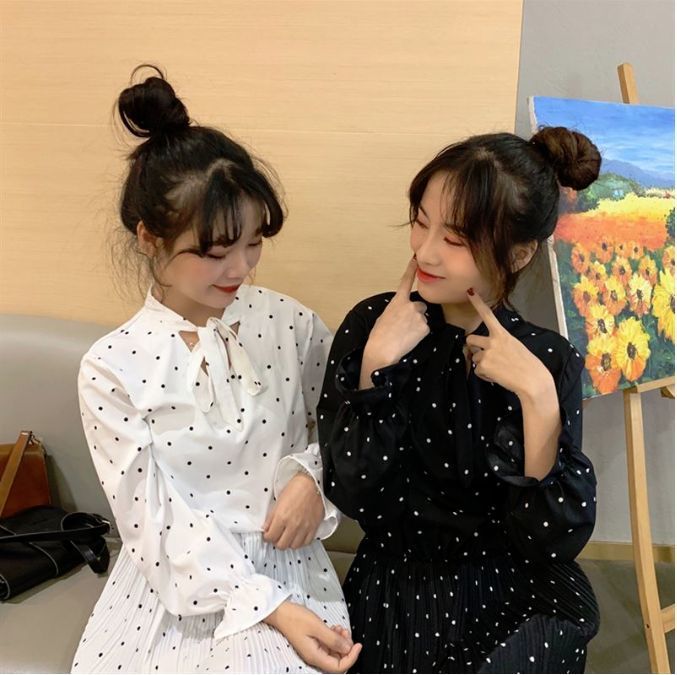 ワンピース 襟元可愛い韓国ファッションの双子コーデドットワンピース Hdfks