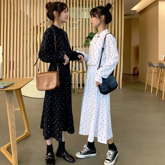 ワンピース 襟元可愛い韓国ファッションの双子コーデドットワンピース Hdfks