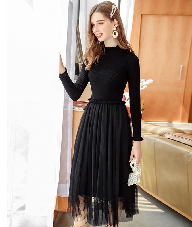 ワンピース 星柄レースがガーリーな可愛さ ニット シフォンのコンビワンピース Hdfks96