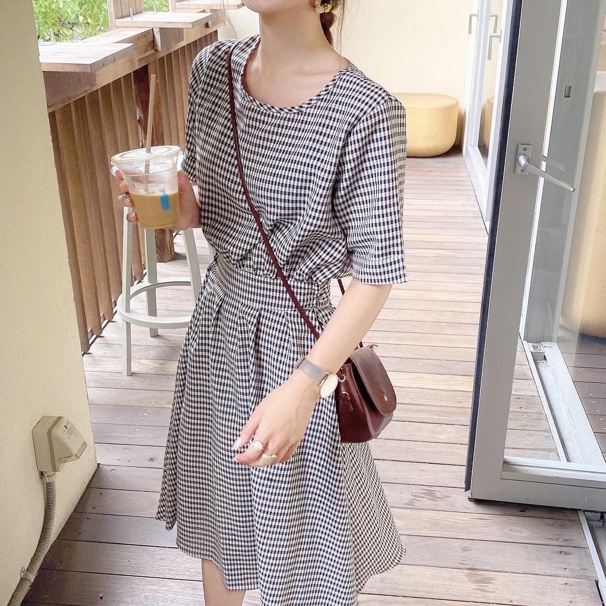 バックオープンギンガムチェックワンピース Merrylatte