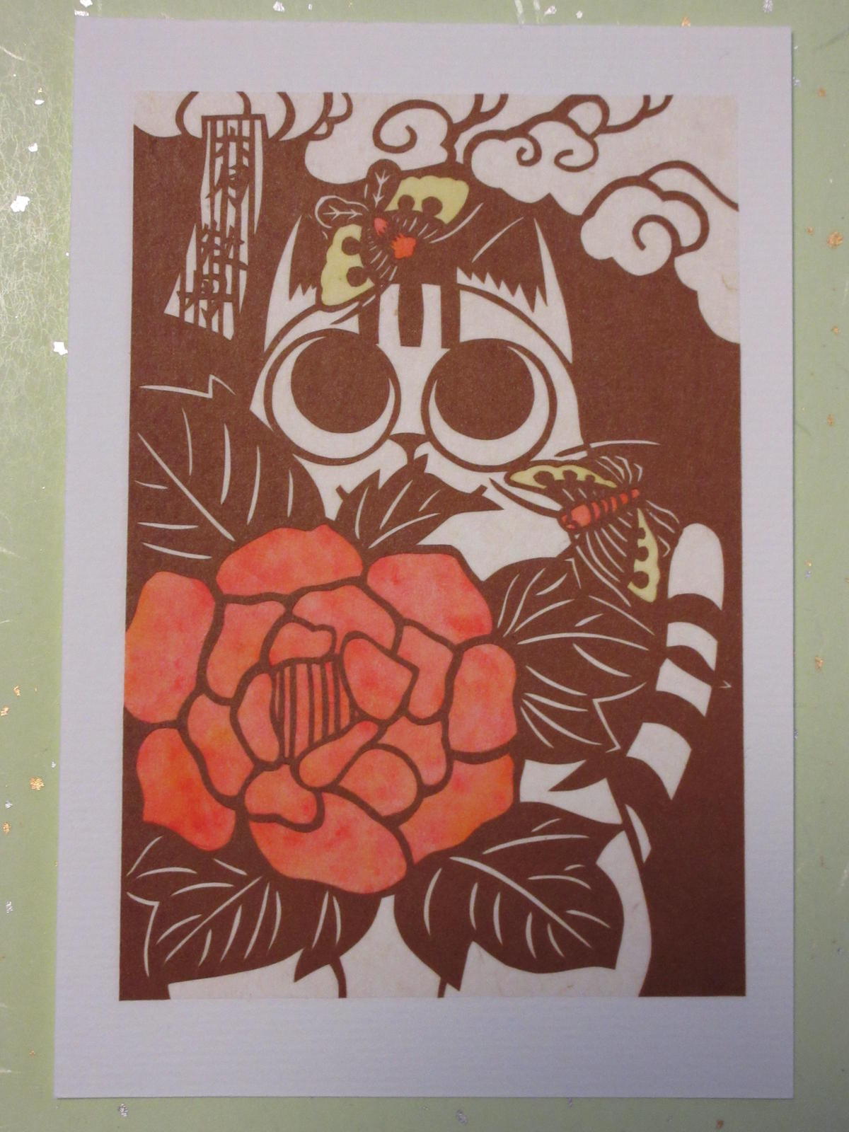 切り絵ポストカード 花札 六月 牡丹 Mimiねこ