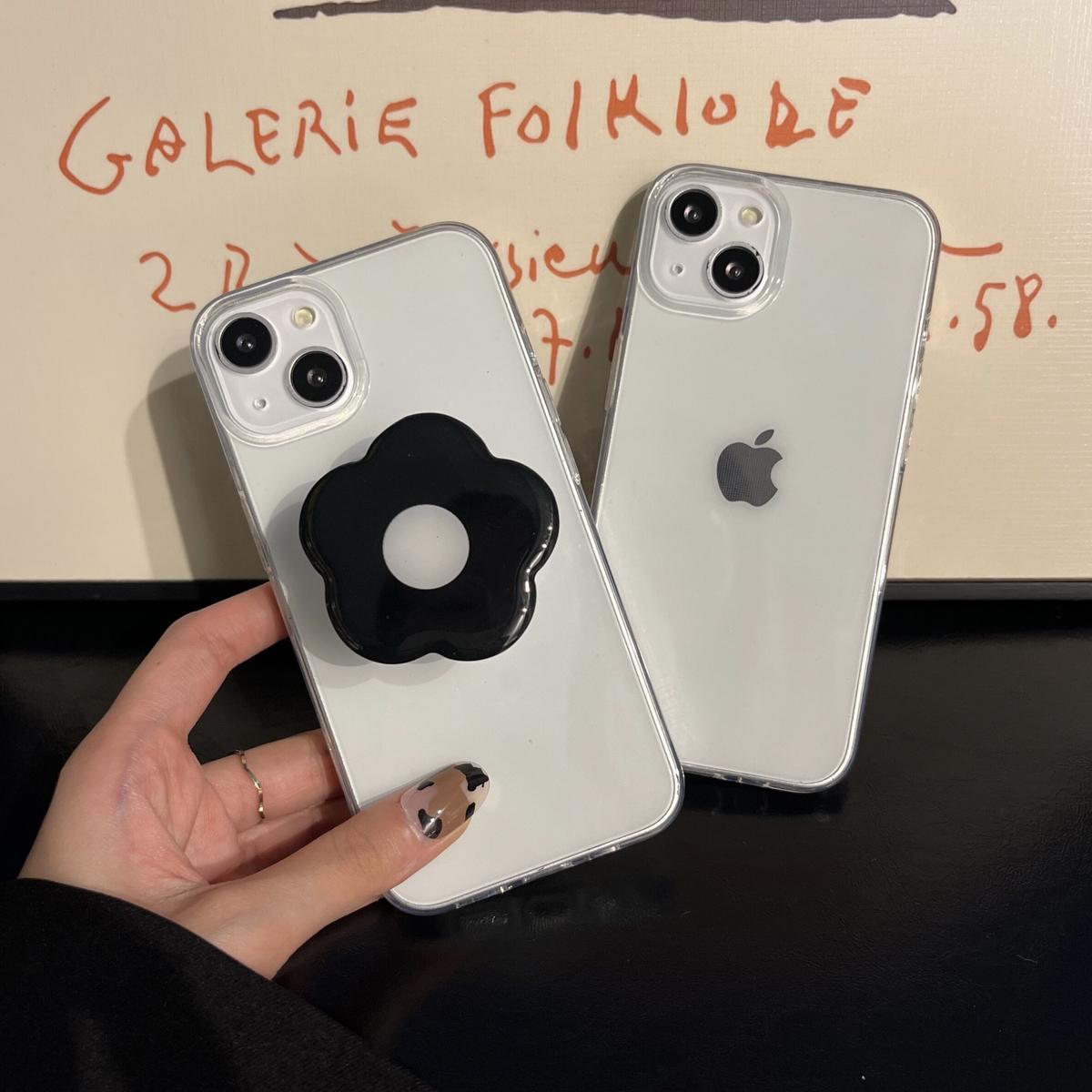 花のスマホグリップ付iphone13 12 11カバー 無地透明スマホケース シンプル風