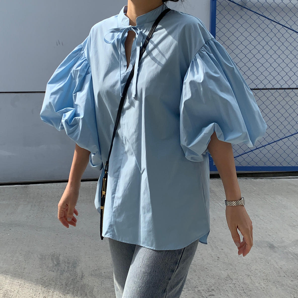 2022新生活 【完売商品】MYlNE 細リボンバルーンスリーブブラウス