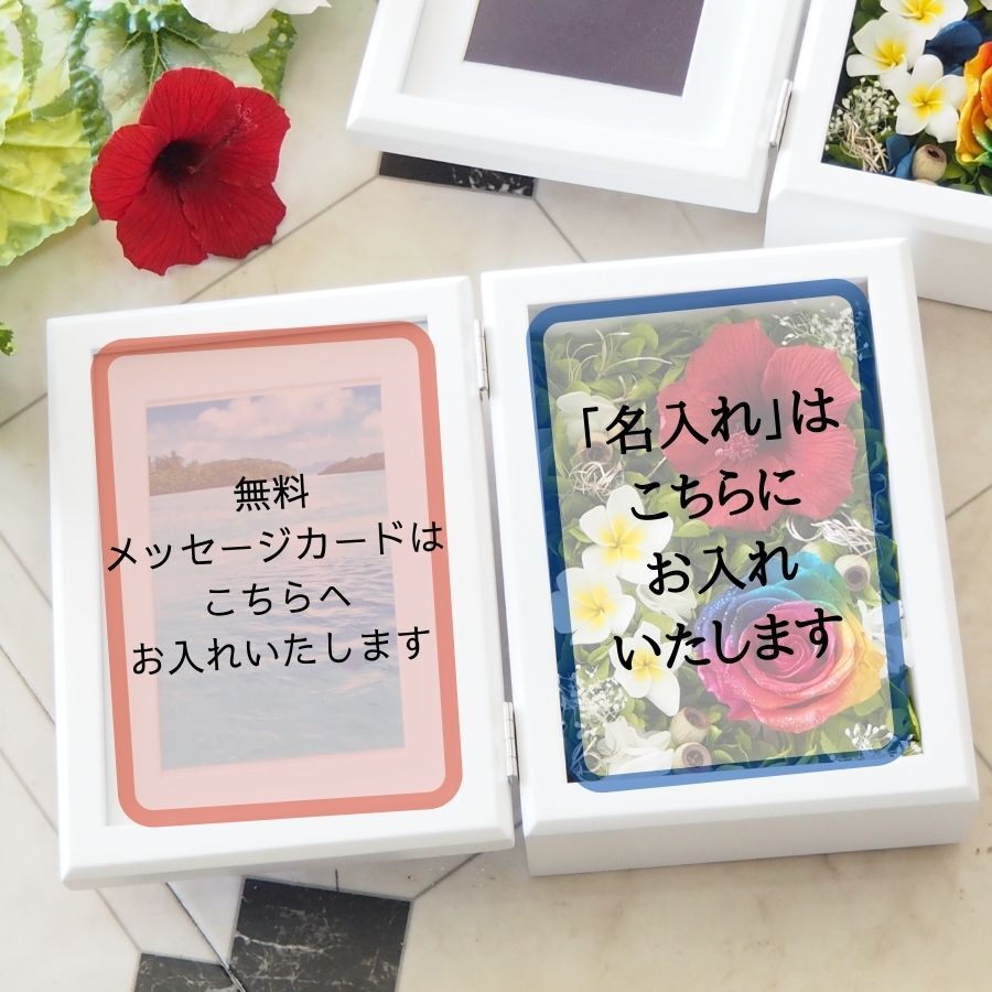 名入れ プリザーブドフラワー ハイビスカス レッド 赤 プルメリア レインボーローズ 入り