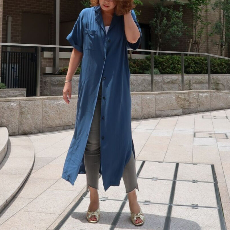 開襟半袖シャツワンピース ブルー Huntress