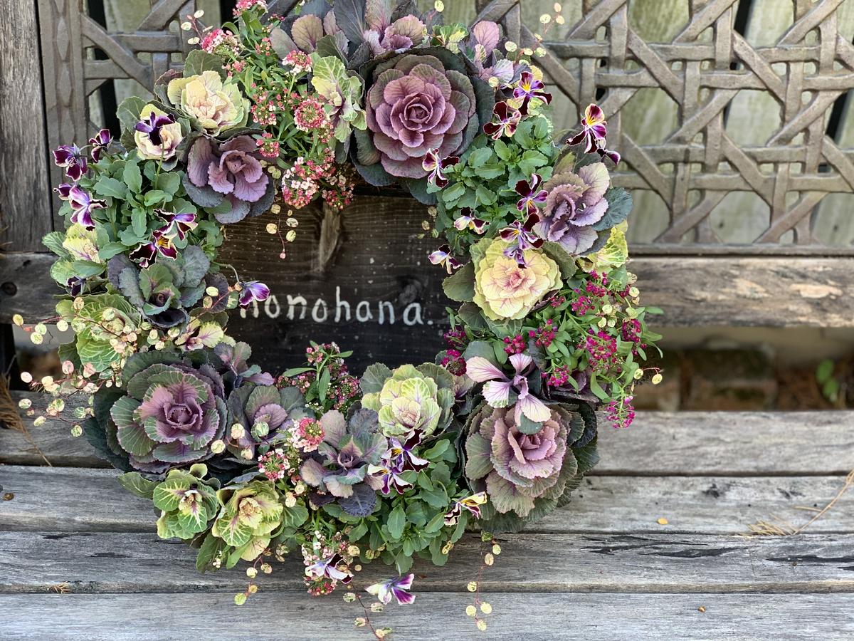 ハボタンとビオラ アリッサムのリース寄せ植え Gardenshop Nonohana
