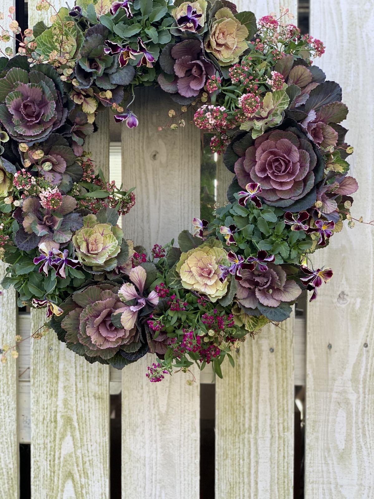 ハボタンとビオラ アリッサムのリース寄せ植え Gardenshop Nonohana