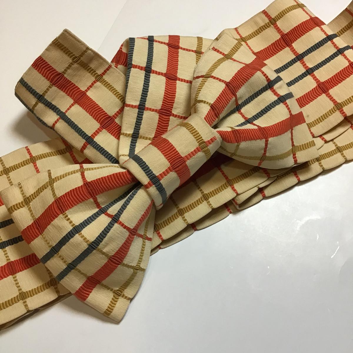 綿 半幅帯 格子柄 ob76 リサイクルとオリジナル着物【彼方此方屋】