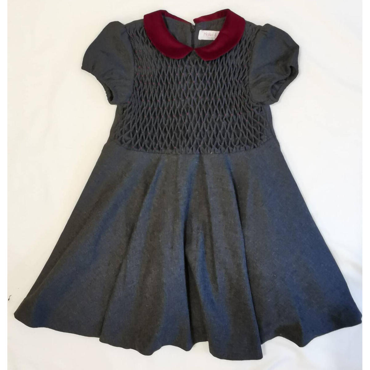 Malvi マルヴィ キッズ 別珍襟付きダイヤ刺繍半袖ワンピース チャコール Carrot