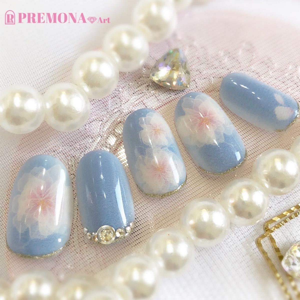 中指用 桜ネイル ペールブルー 1012 Premona Art デジタルネイルプリン