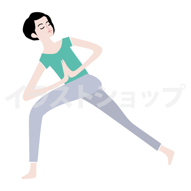 ヨガイラスト ねじった体側を伸ばすポーズ女性 イラストショップ