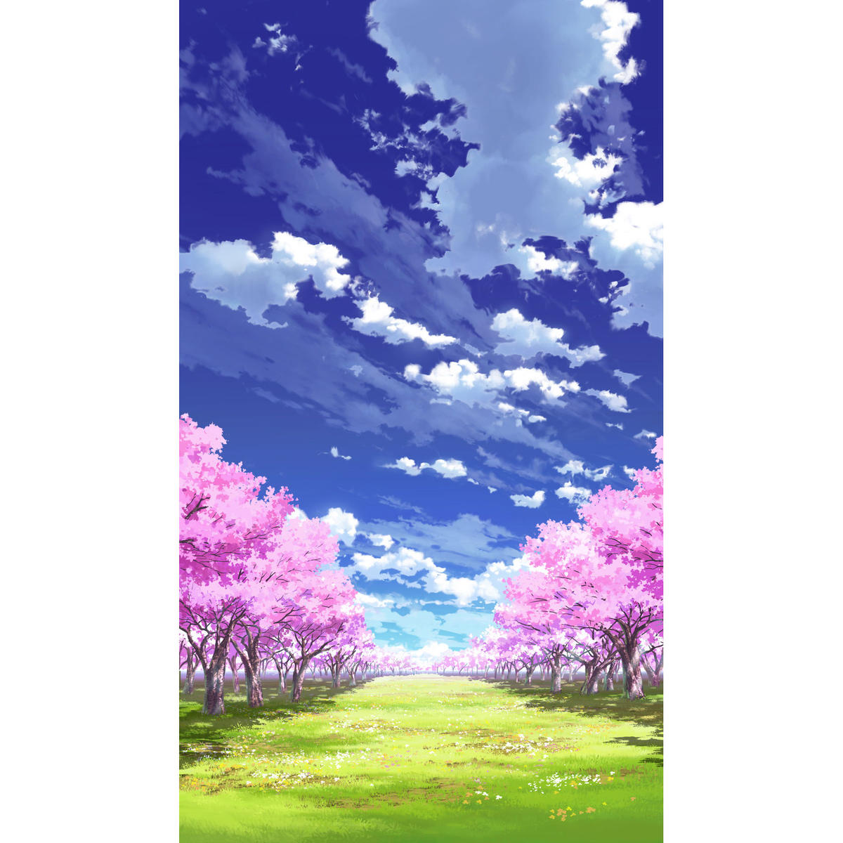 イラスト背景 合作 青空 縦pan用03 桜04 草原04 彩玉のpsd背景素材shop