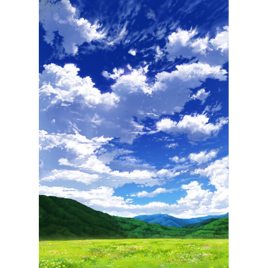 イラスト背景 合作 青空 縦長用08 山01 草原03 彩玉のpsd背景素材shop