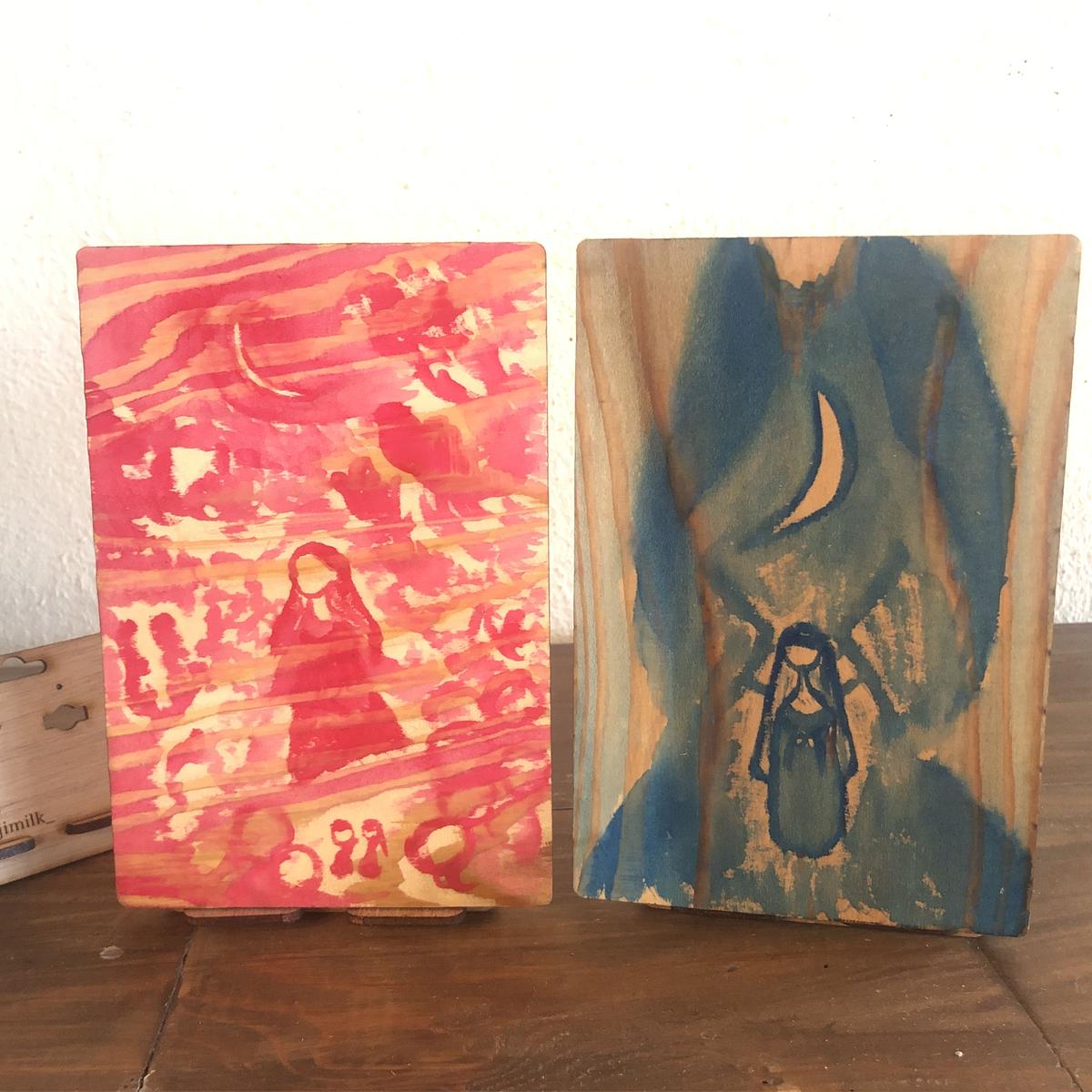 木の葉書画2枚セット木花咲耶姫 龍神 神秘のメッセージ手紙と木製ホルダー付き 笹舟と羽綴り