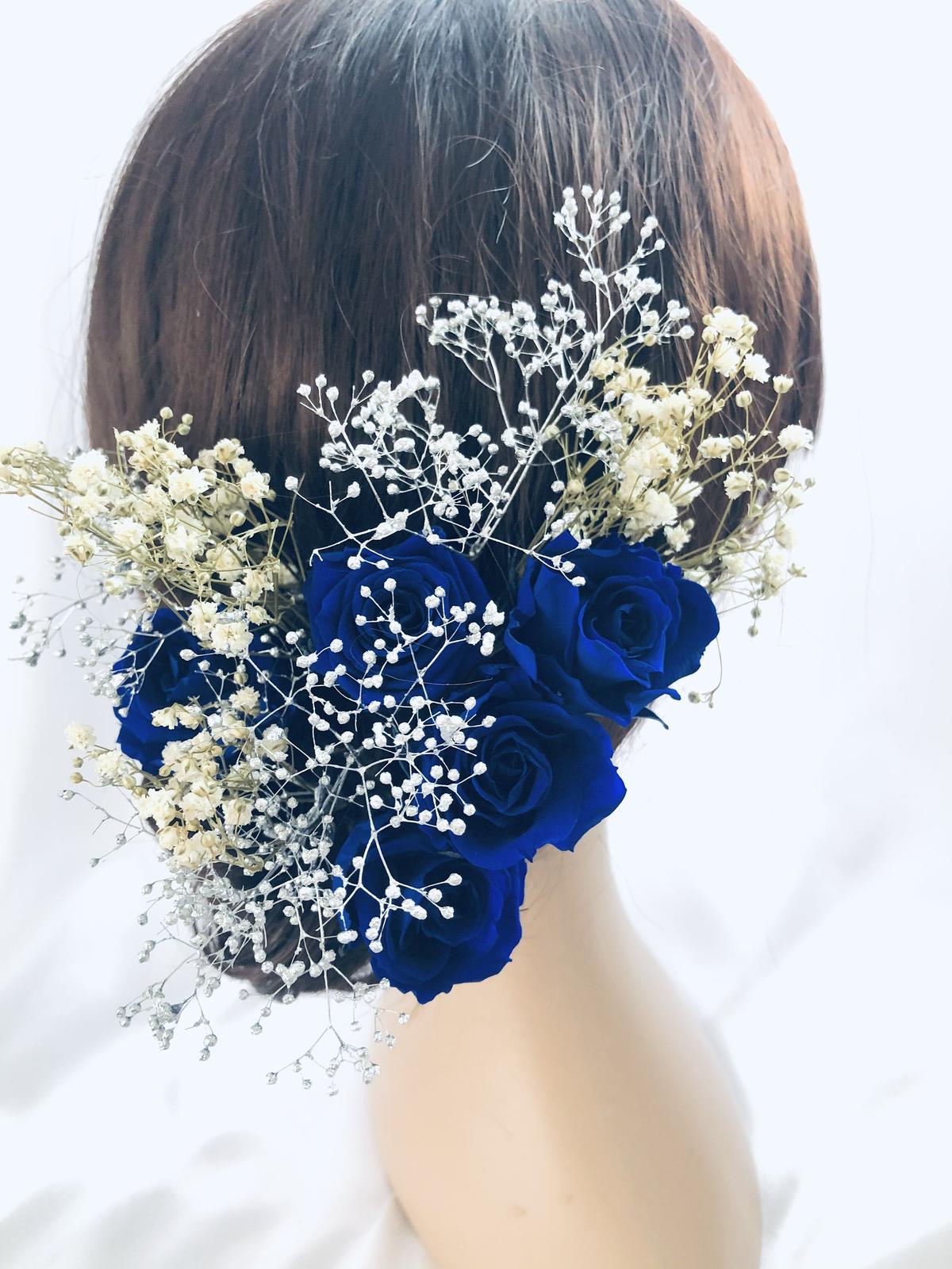 ヘッドドレス 髪飾りプリザーブドフラワー ウェディング 前撮り和装 青の薔薇 世都華