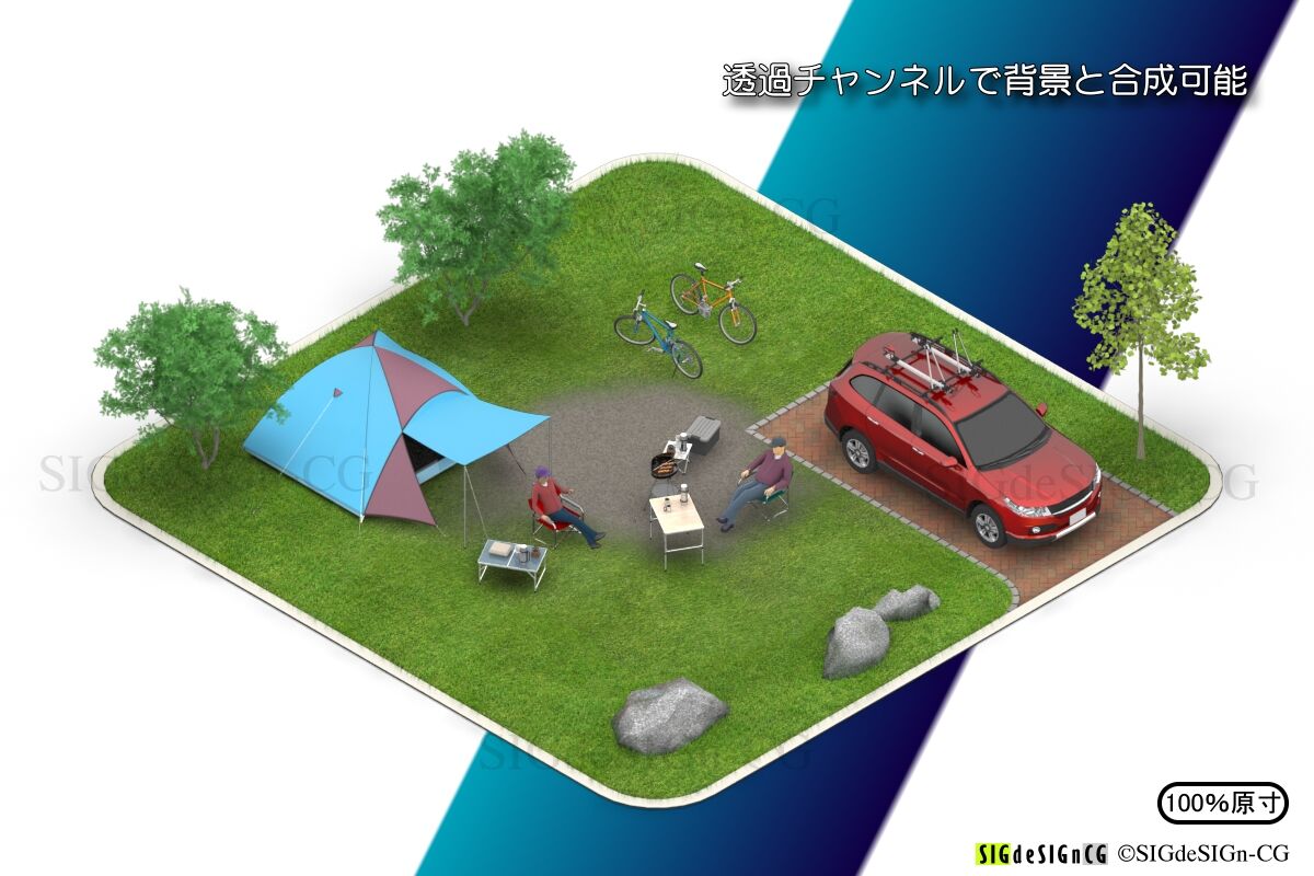アイソメ30 オートキャンプサイト風景 サイクルキャリア仕様 背景透過png1枚zip圧縮