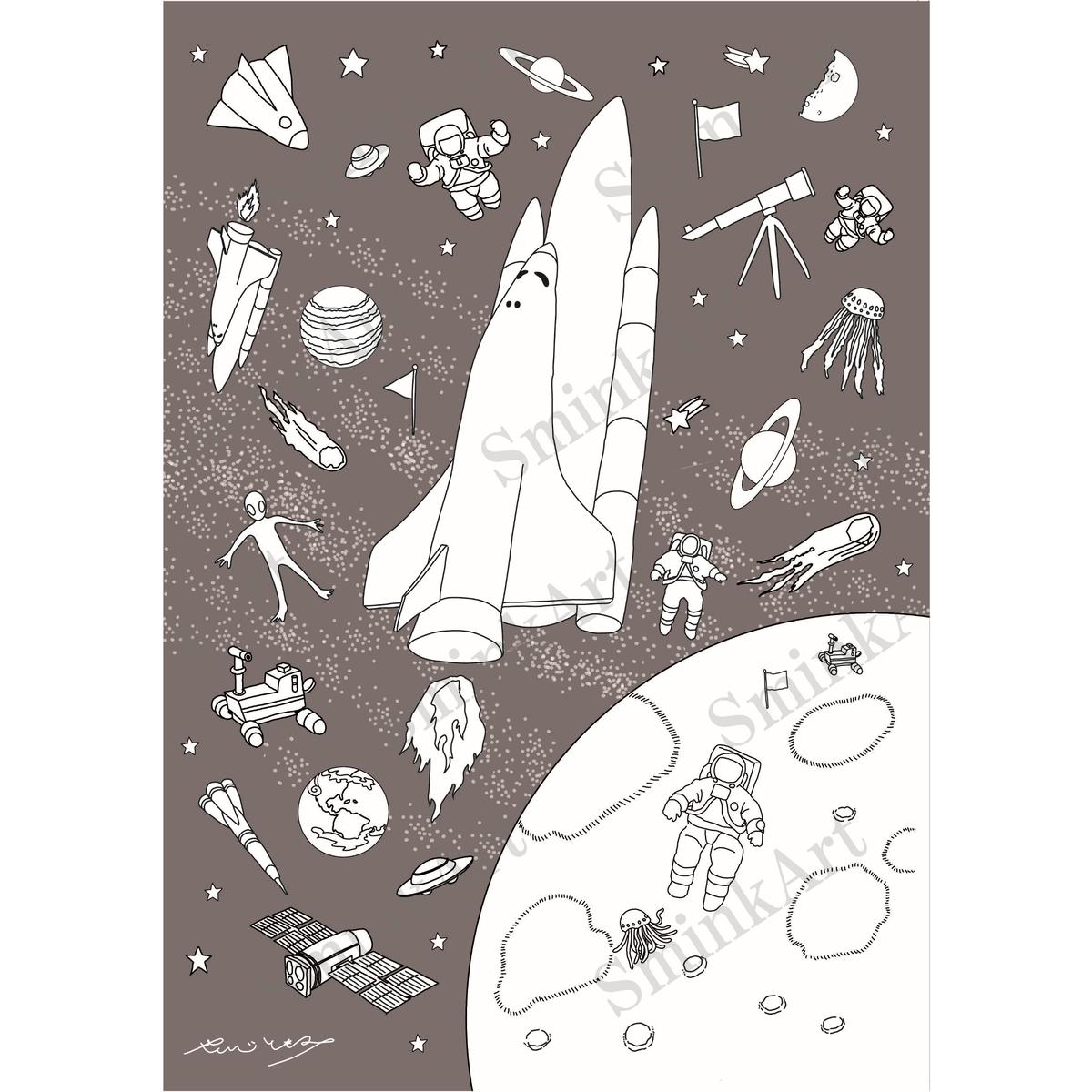 SminkArt塗り絵シール 【 宇宙柄 】A4サイズ2種/セット＜塗り絵デザインシール＞