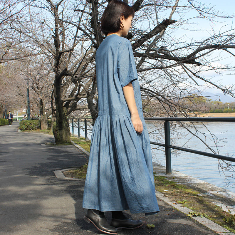 homspunホームスパン コットンリネンローウェストタックワンピース