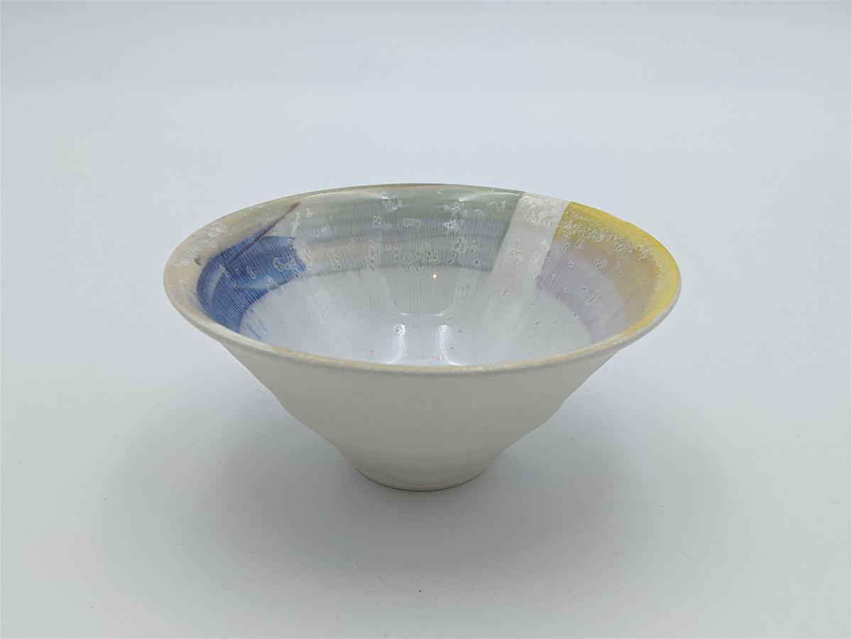 板東豊光 ☆ 白釉青掛茶碗 ☆ 共箱共布 ☆ 大雪窯 ☆ 検 板東陶光 結晶