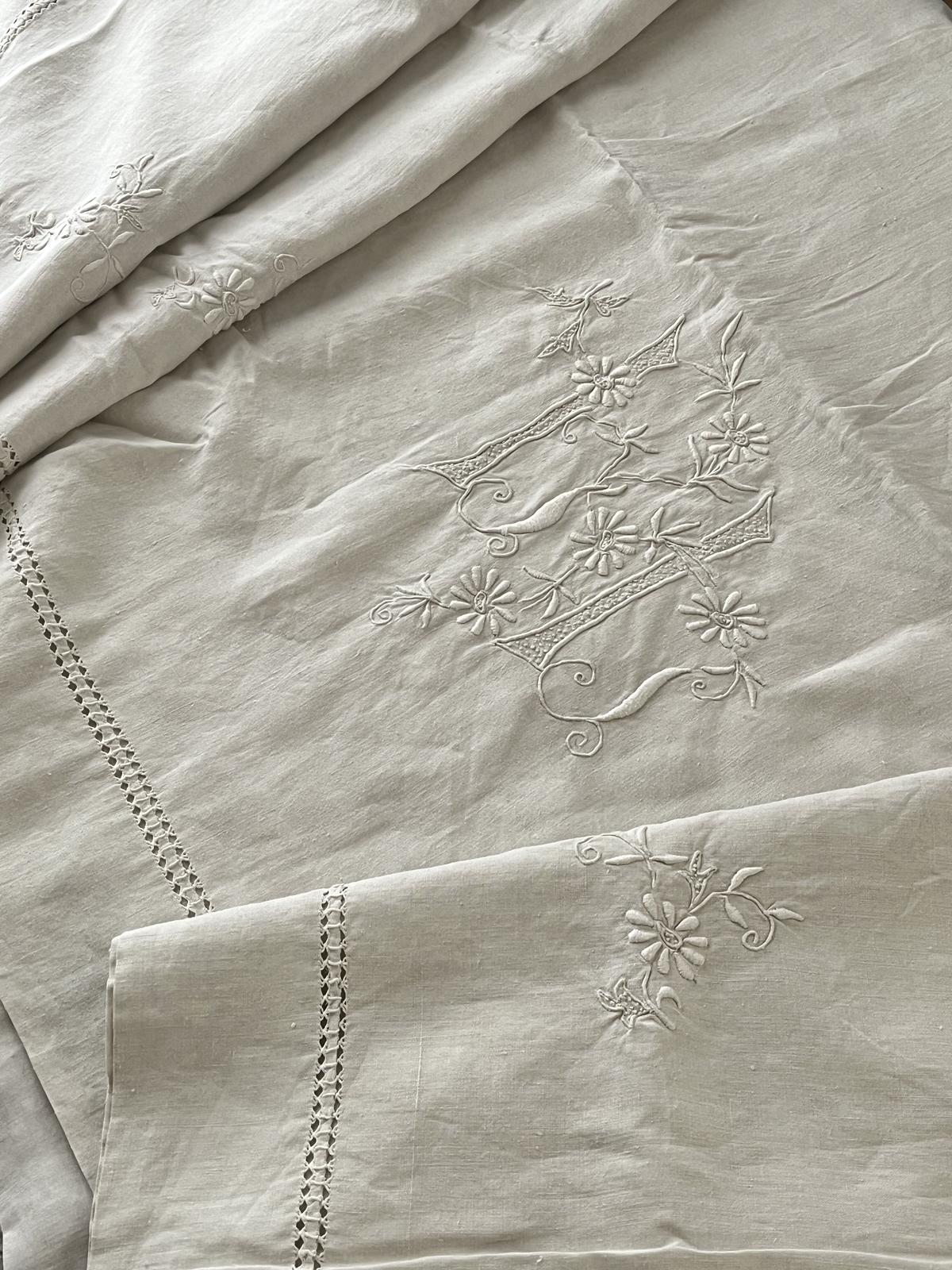 10%OFF】 【美品】フランスアンティーク LL花文字刺繍 リネン生地