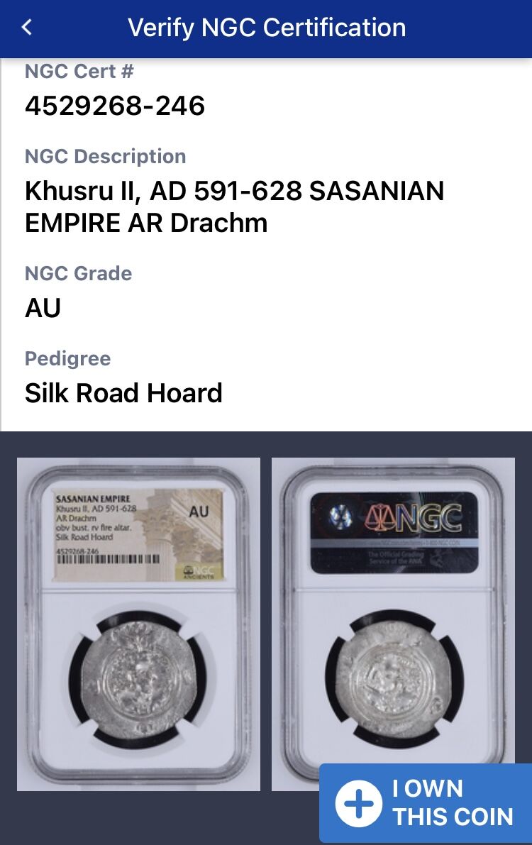 【古代コイン・NGC鑑定AU】サーサーン朝 ホスロー2世 紀元591628年 ドラクマ銀貨...