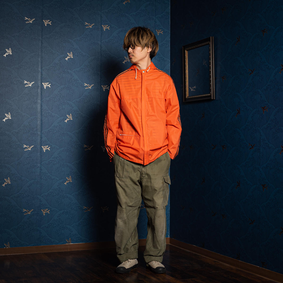 70-80s Vintage adidas Nylon Hoodi Orange × Blac...