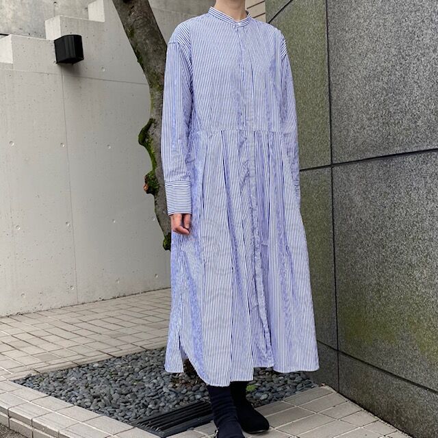 Universal Tissu ストライプバンドカラー タックシャツワンピース Nine Two