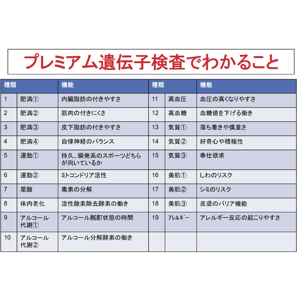 プレミアム遺伝子検査 肥満 運動 肌質 気質 アルコール 老化など12のリスク検査 ライ