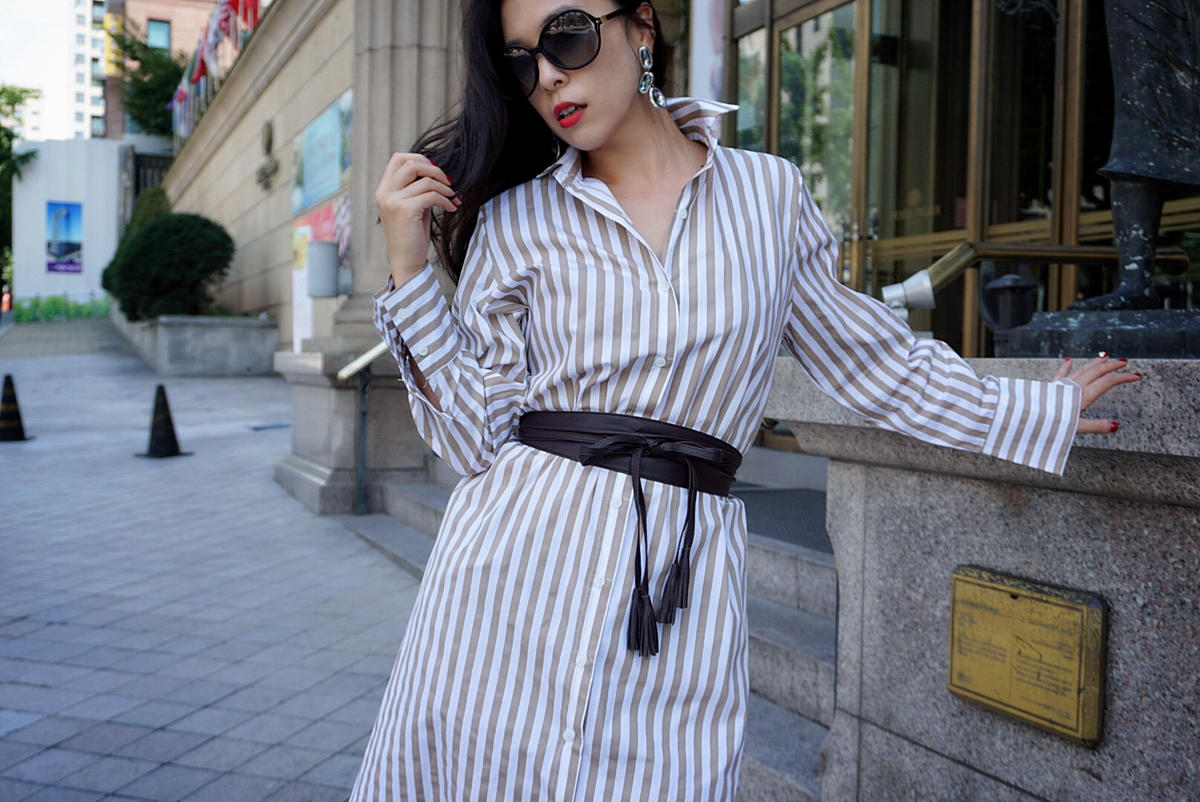 インパクトストライプシャツdressワンピース ベージュ Grace Oriental