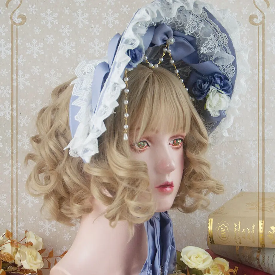ロリータ レディース 帽子 ボンネット 甘ロリ パープルブルーLolitaハンドメイド ヘアド...
