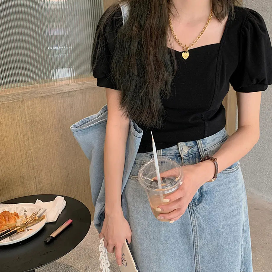 クロップド丈 スクエアvネック 2way Tシャツ 半袖 へそ出し パフ袖 オフショルダー 韓