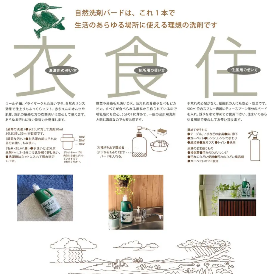 日用品 自然洗剤バード 1lボトル 洗濯 食器洗い 掃除に使える万能 濃縮洗剤 地球をき