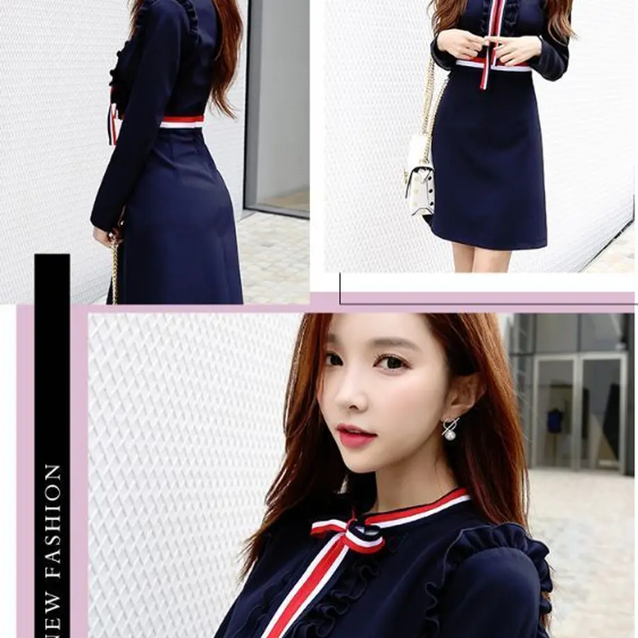 ワンピース トリコロールの可愛い長袖ワンピース Hdfks 韓国ファッションの