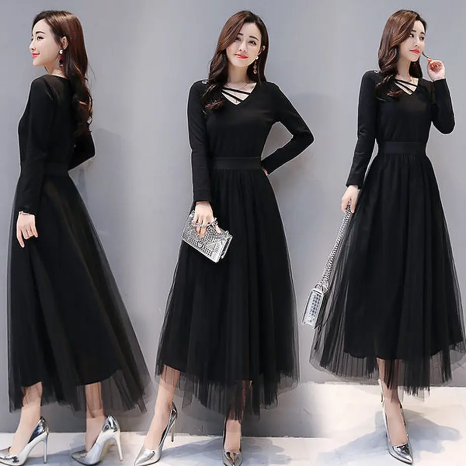 ワンピース 韓国ドレス Vネックに入ったラインがとっても個性的なブラックワンピース Hdfks