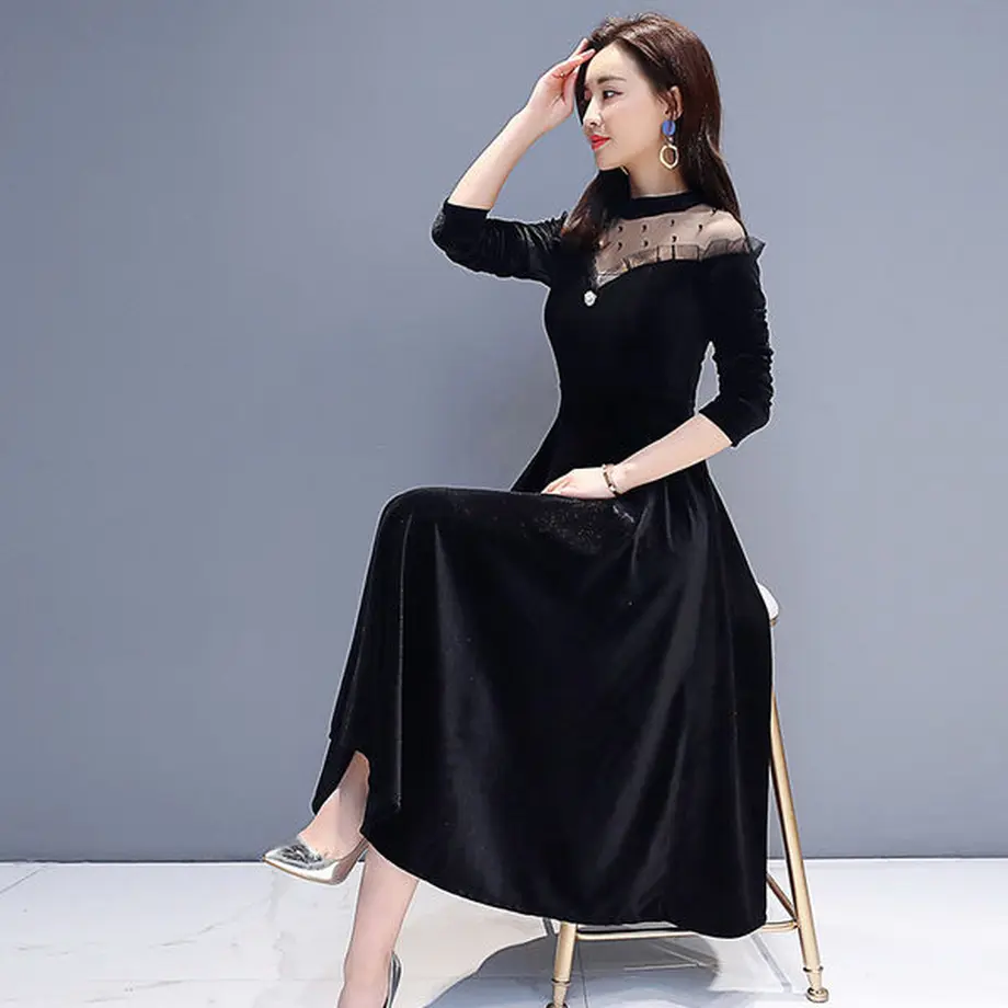 ワンピース 韓国ドレス とってもエレガント女子なレースのブラックワンピース Hdfks96