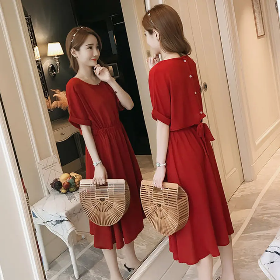 ワンピース 落ち着いた赤色のバックコンシャスワンピース Hdfks 韓国ファ