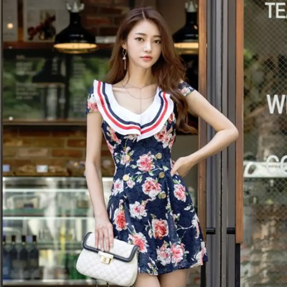 トリコロールワンピース 花柄フリルの夏のミニワンピ Hdfks 韓国ファッショ