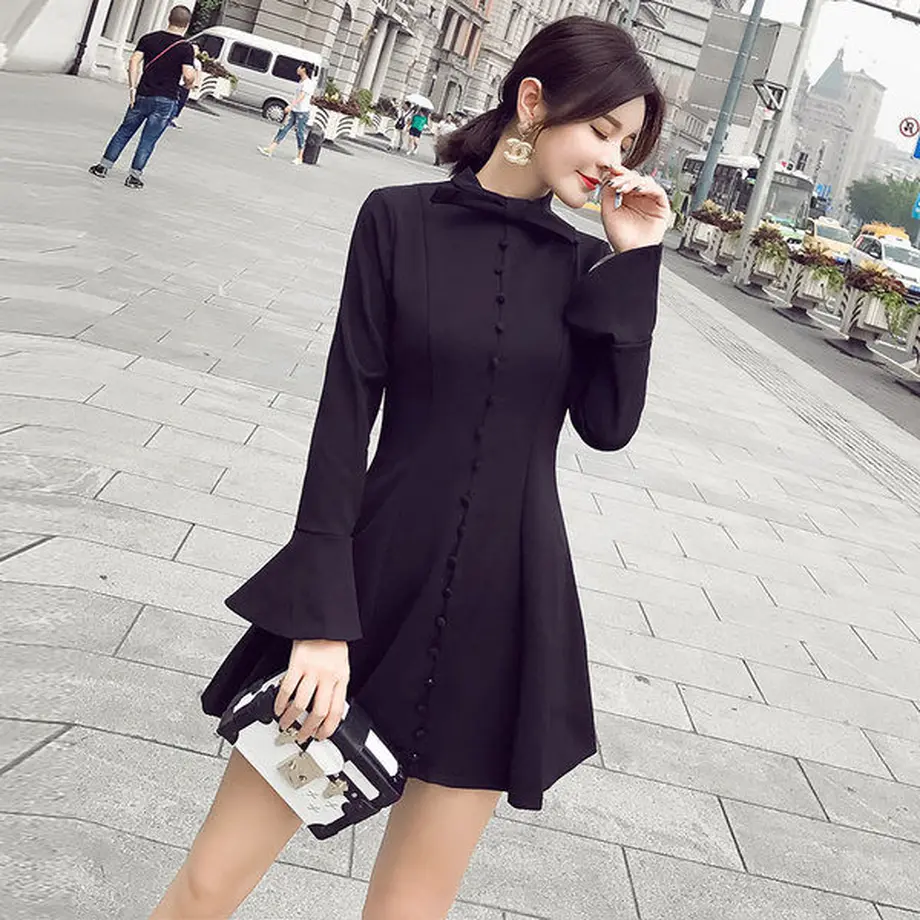 新到着 ボウタイ ワンピース 長袖 大人可愛8 リボン Aライン ハイウエスト ミニ丈 ひざ丈ワンピース