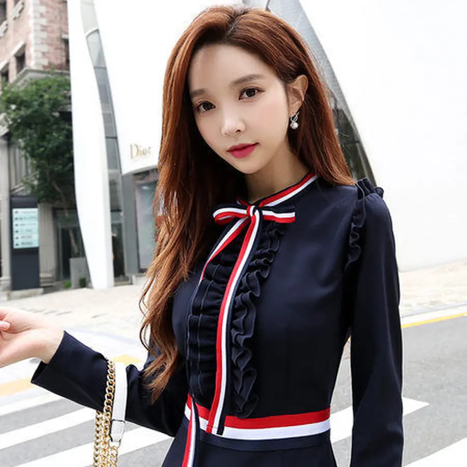 ワンピース トリコロールの可愛い長袖ワンピース Hdfks 韓国ファッションの