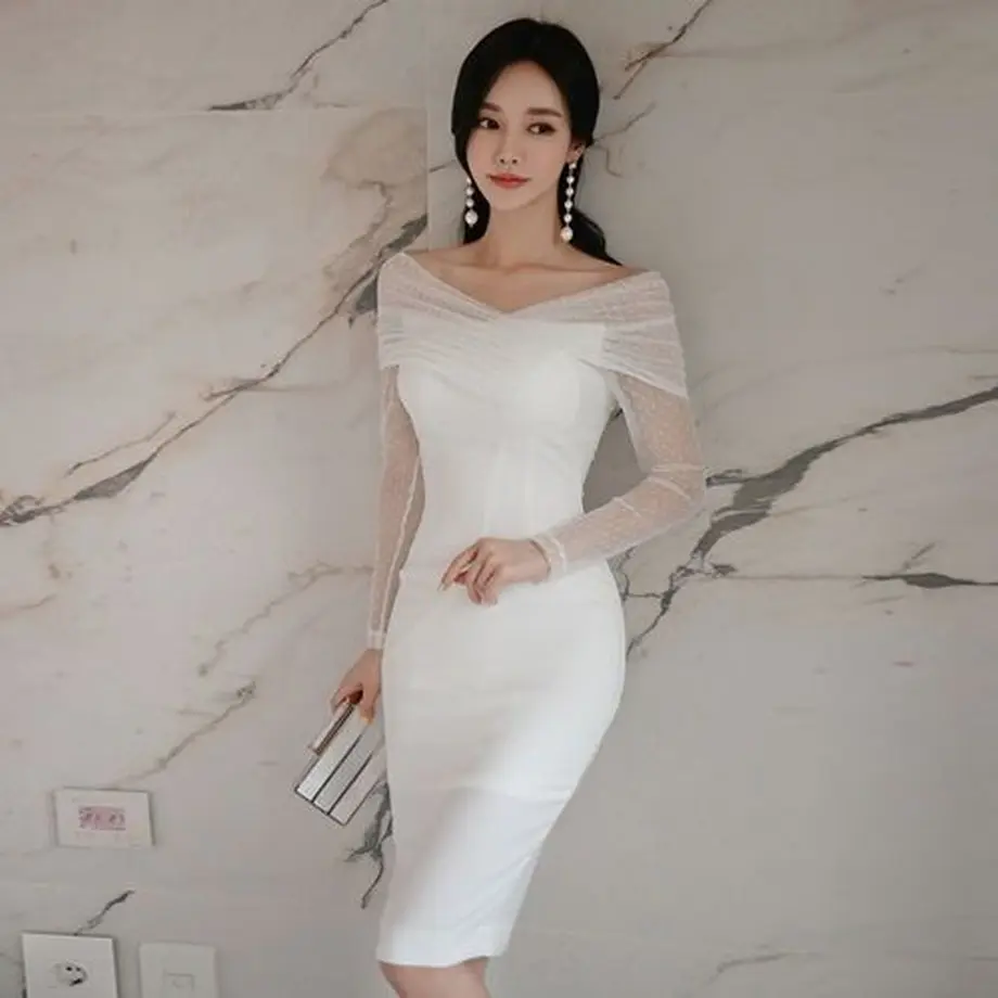 ワンピース 韓国パーティードレス レース袖が上品なオフショルダー風タイトワンピース Hdfks