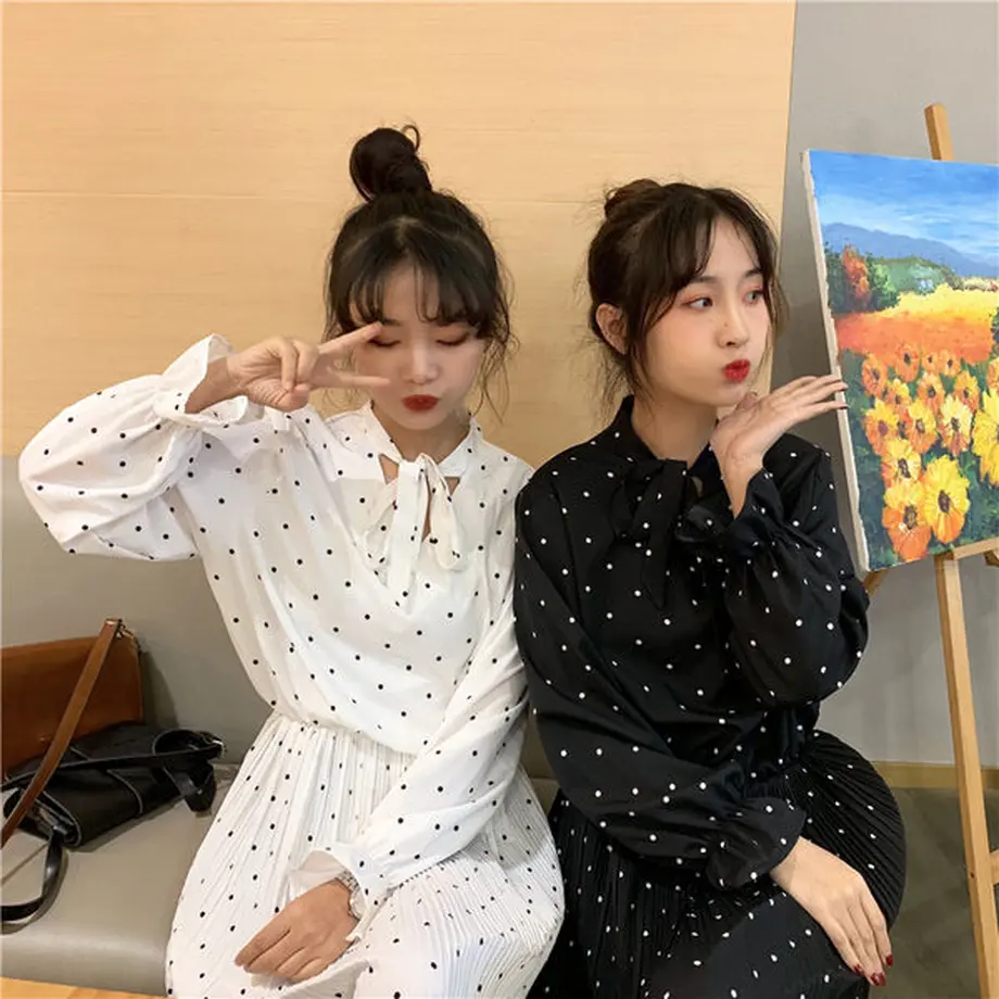 ワンピース 襟元可愛い韓国ファッションの双子コーデドットワンピース Hdfks ワンピース 襟元可愛い韓国ファッションの双子コーデドットワンピース Hdfks