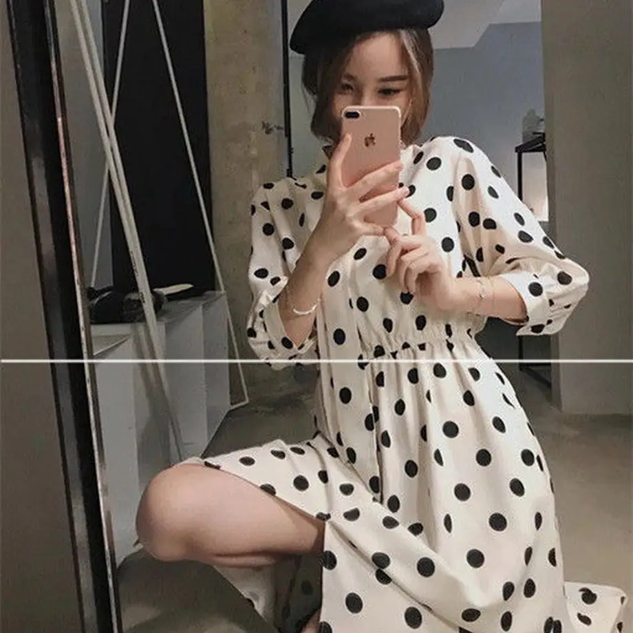ワンピース ドット柄が可愛いぃ 7分袖ロングワンピース Hdfks 韓国ファ