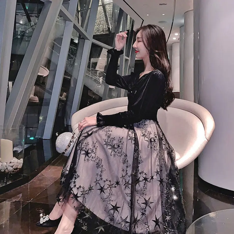 ワンピース 韓国ドレス 可愛い星柄チュールスカートにお嬢様のようなガーリーなトップのフレアワン