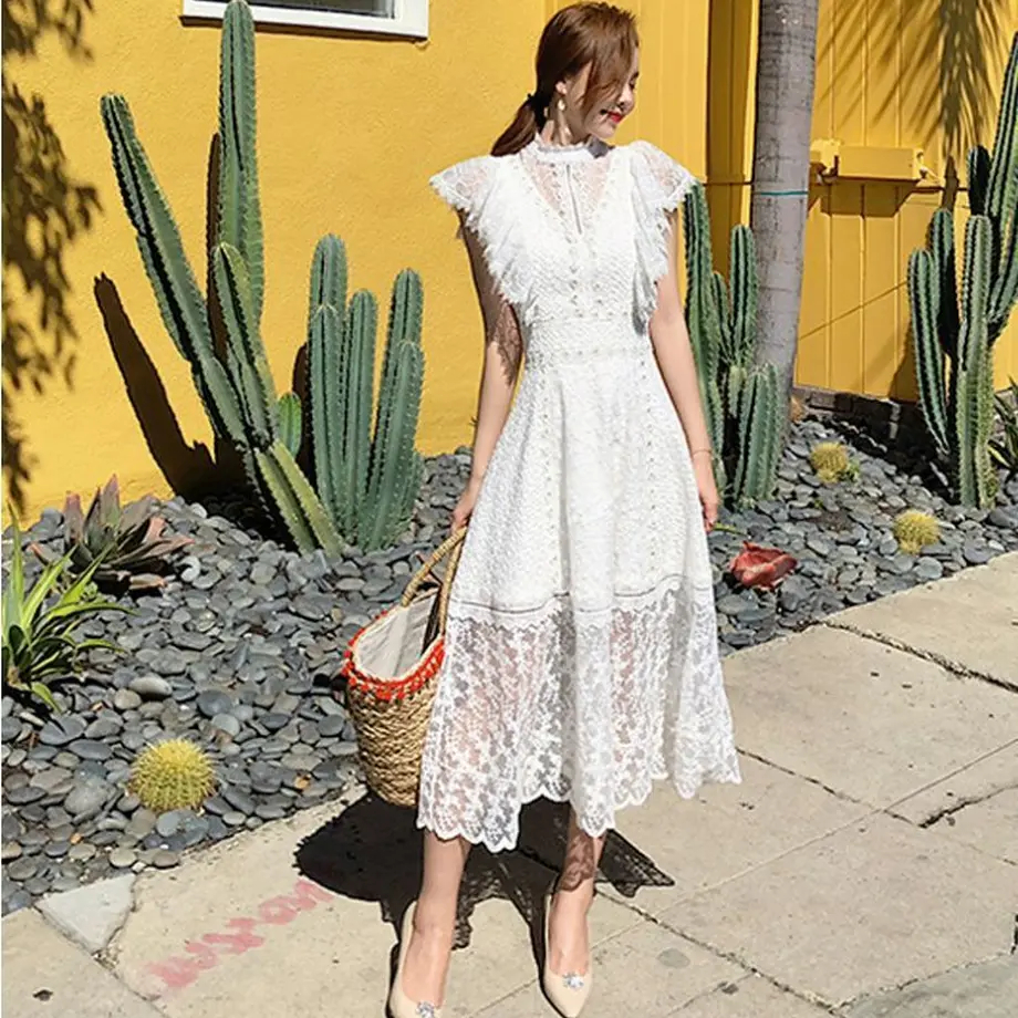 ワンピース 韓国ドレス ｖ型ａラインが可愛い総レースのリゾートワンピース Hdfks964