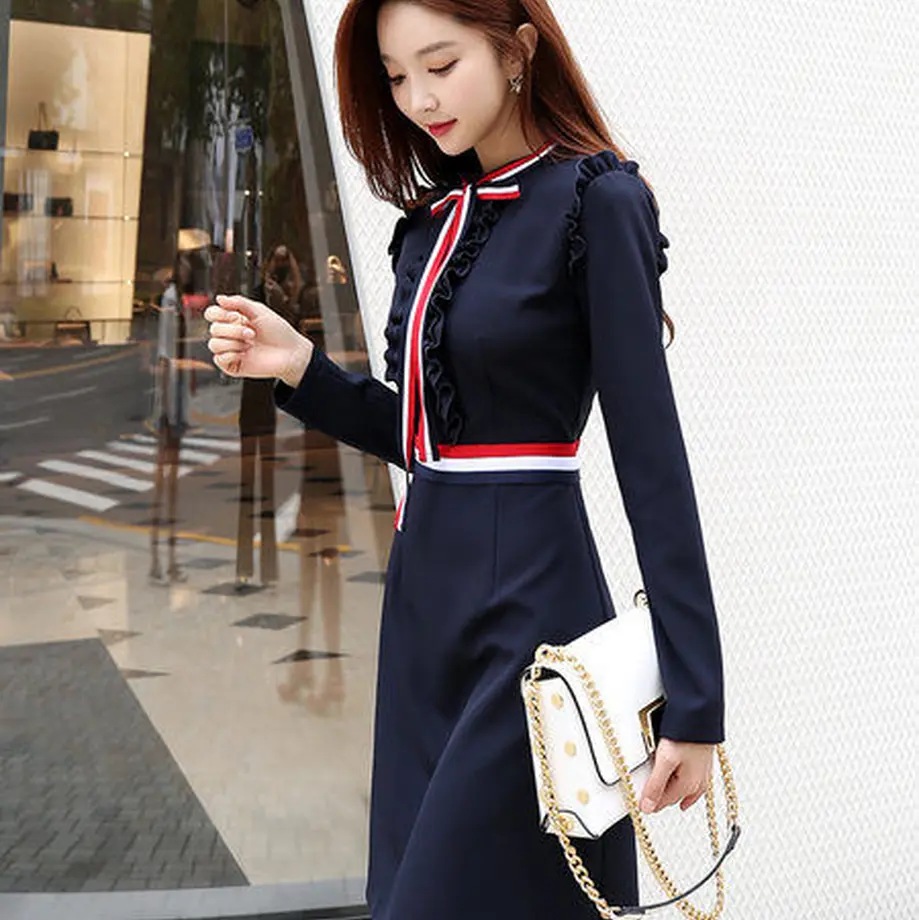 ワンピース トリコロールの可愛い長袖ワンピース Hdfks 韓国ファッションの