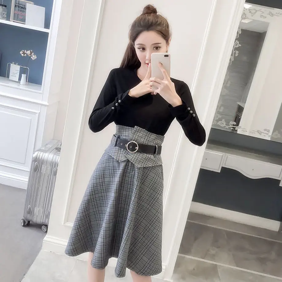 ワンピース グレンチェックとブラウンチェックのウエストマークがポイントの切り替えワンピ Hd