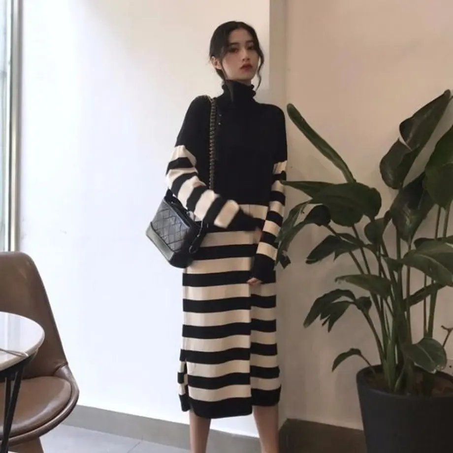 ワンピース ハイネックで大人なボーダーロングワンピ Hdfks 韓国ファッショ ワンピース ハイネックで大人なボーダーロングワンピ Hdfks 韓国ファッショ