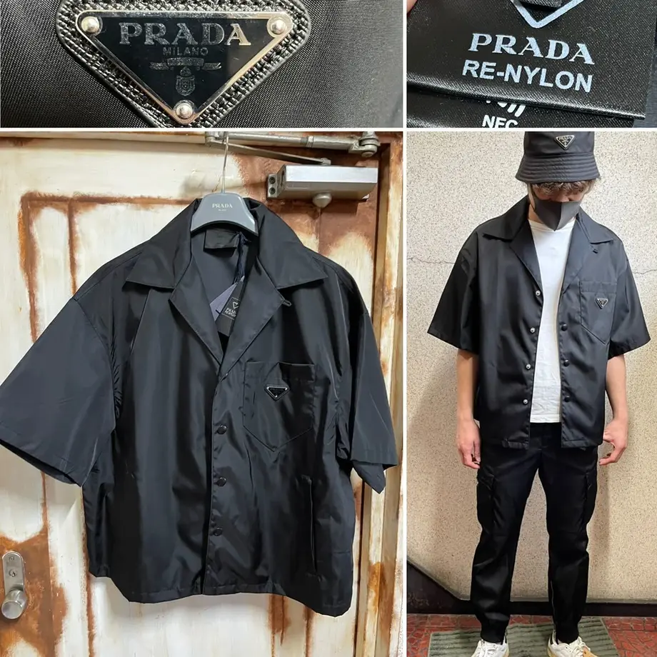 新品★PRADA Re Nylon 三角プレートロゴ ナイロン 半袖シャツ ボーリングシャツ