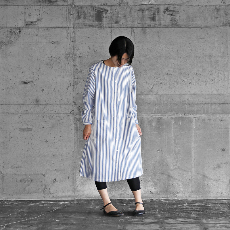 ギザコットンブロードストライプワンピース きなり ブルー レディス U3l Huis